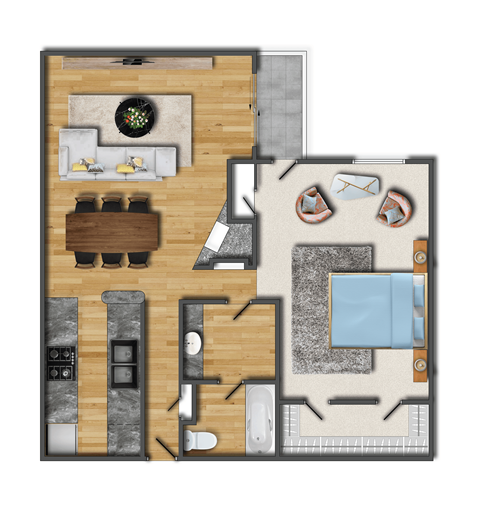 Floor plan for 1 bed, 1 bath, 940 sqft